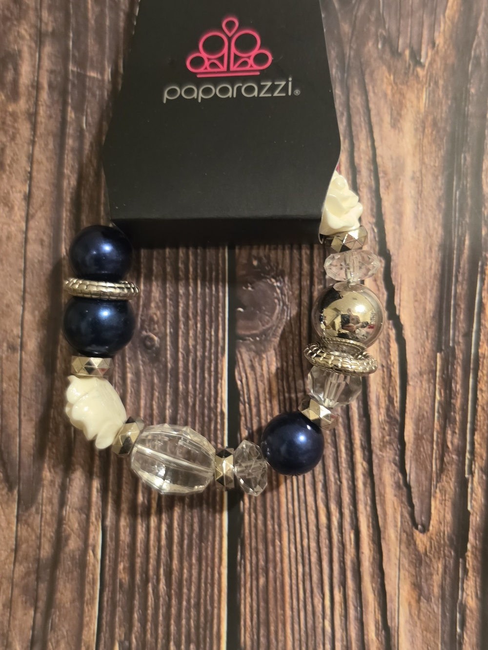 paparazzi Navy Pearl, Clear Crystal & Gold Accent Stretch Bracelet